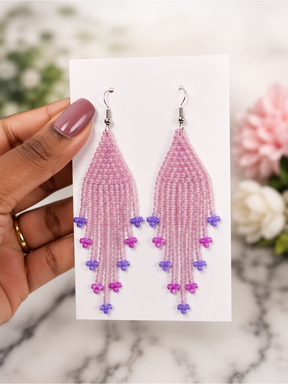 Pink & Purple Flower-Tip Fringe Earrings